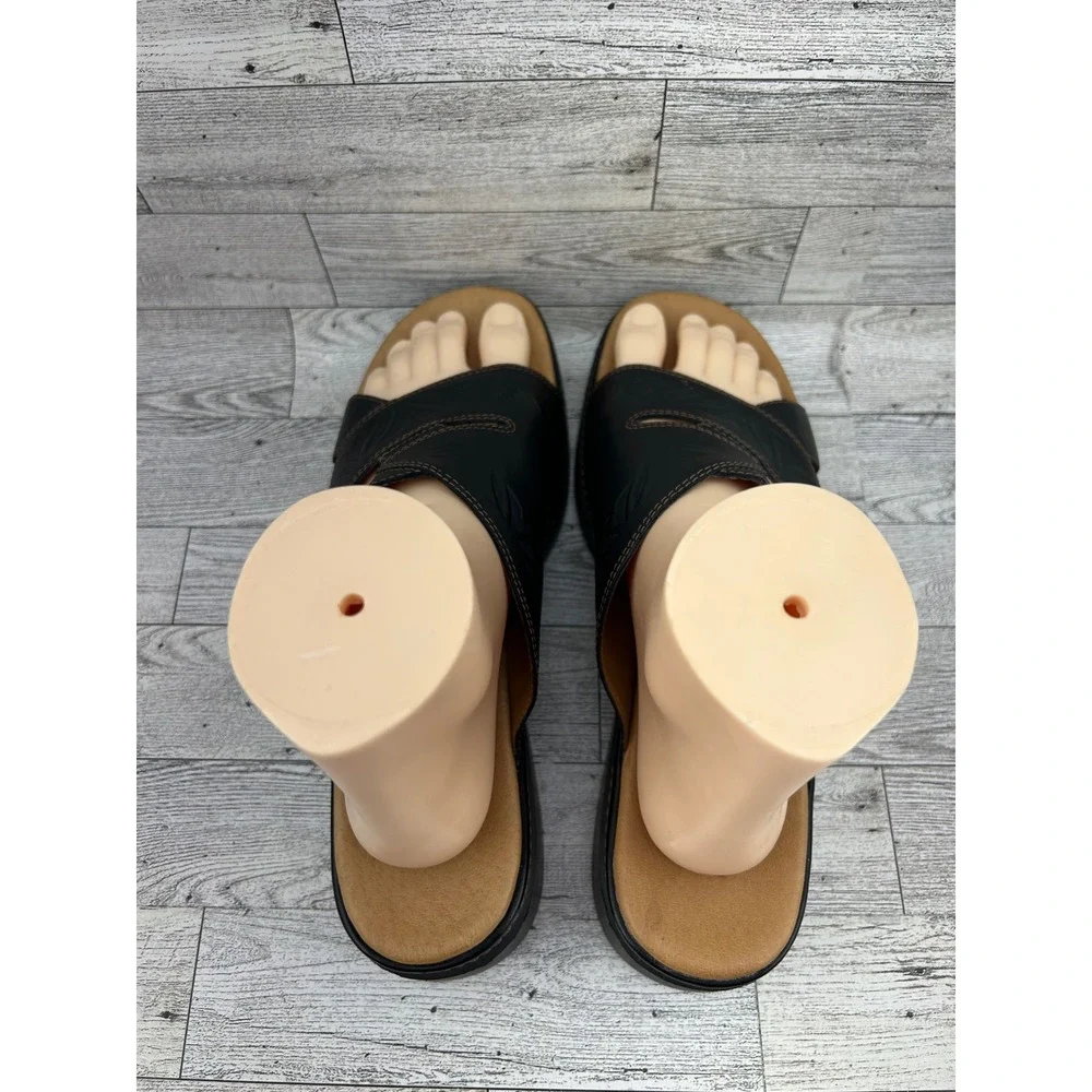 Clarks Black Leather Embossed Floral Wedge‎ Slide Sandals Women 10M